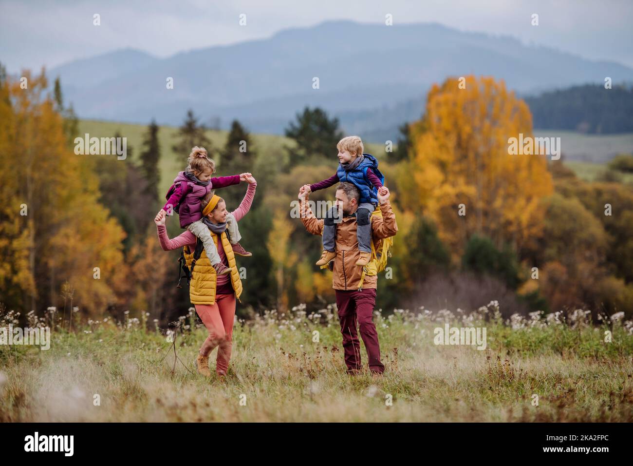 I genitori felici con i loro bambini piccoli sul piggyback alla camminata autunnale, nel mezzo della natura colorfull. Concetto di stile di vita sano. Foto Stock