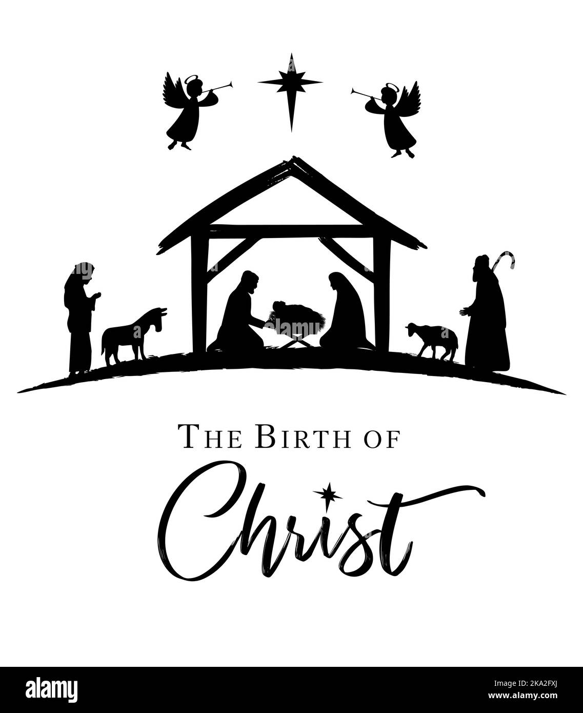 La nascita di Cristo, presepe natalizio di colore nero. Pastore, Maria, Giuseppe e Gesù bambino in una mangiatoia in silhouette con la stella di Betlemme Illustrazione Vettoriale