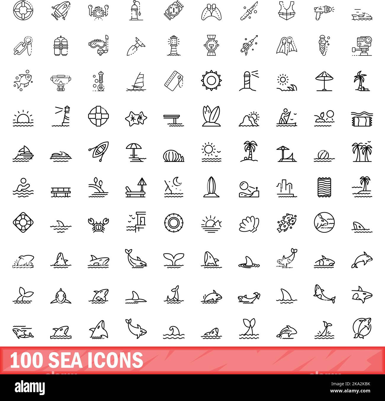 100 icone marine impostate. Illustrazione di un vettore di 100 icone marine isolato su sfondo bianco Illustrazione Vettoriale