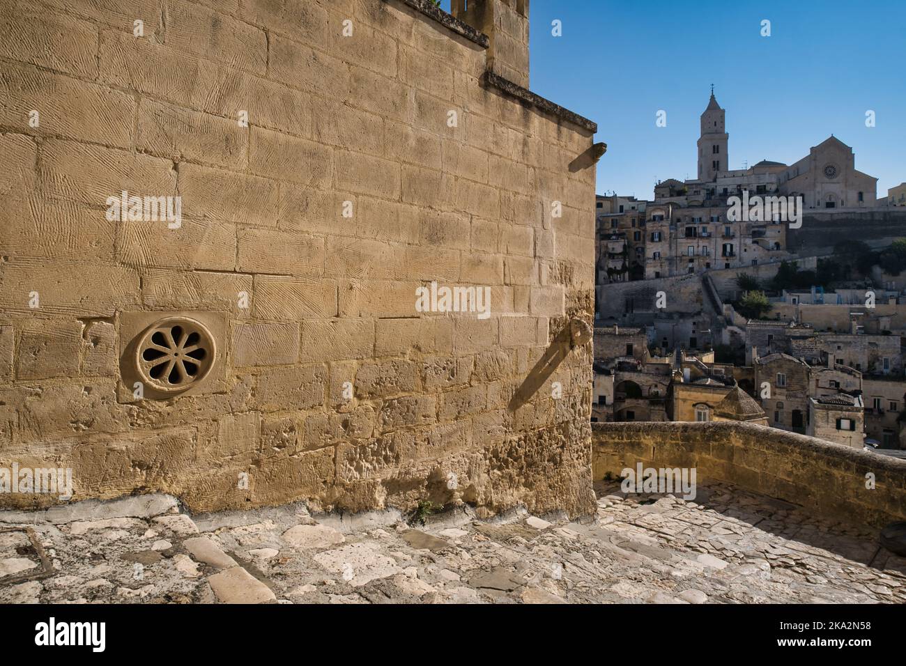 Vista panoramica sul quartiere di Sasso Barisano a Matera Foto Stock