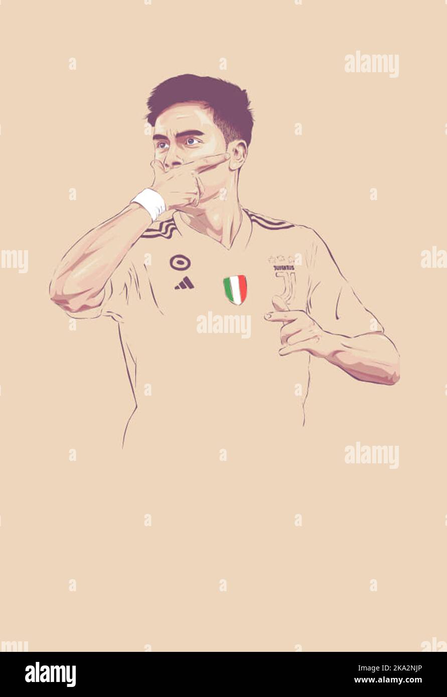 Un'illustrazione verticale del Paulo Dybala su uno sfondo beige Foto Stock