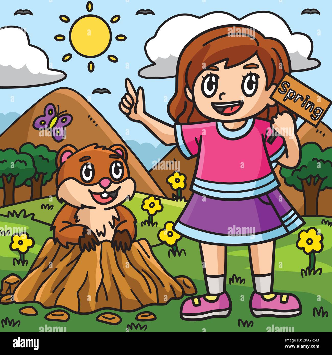 Ragazza e Groundhog colorato Cartoon Illustrazione Illustrazione Vettoriale