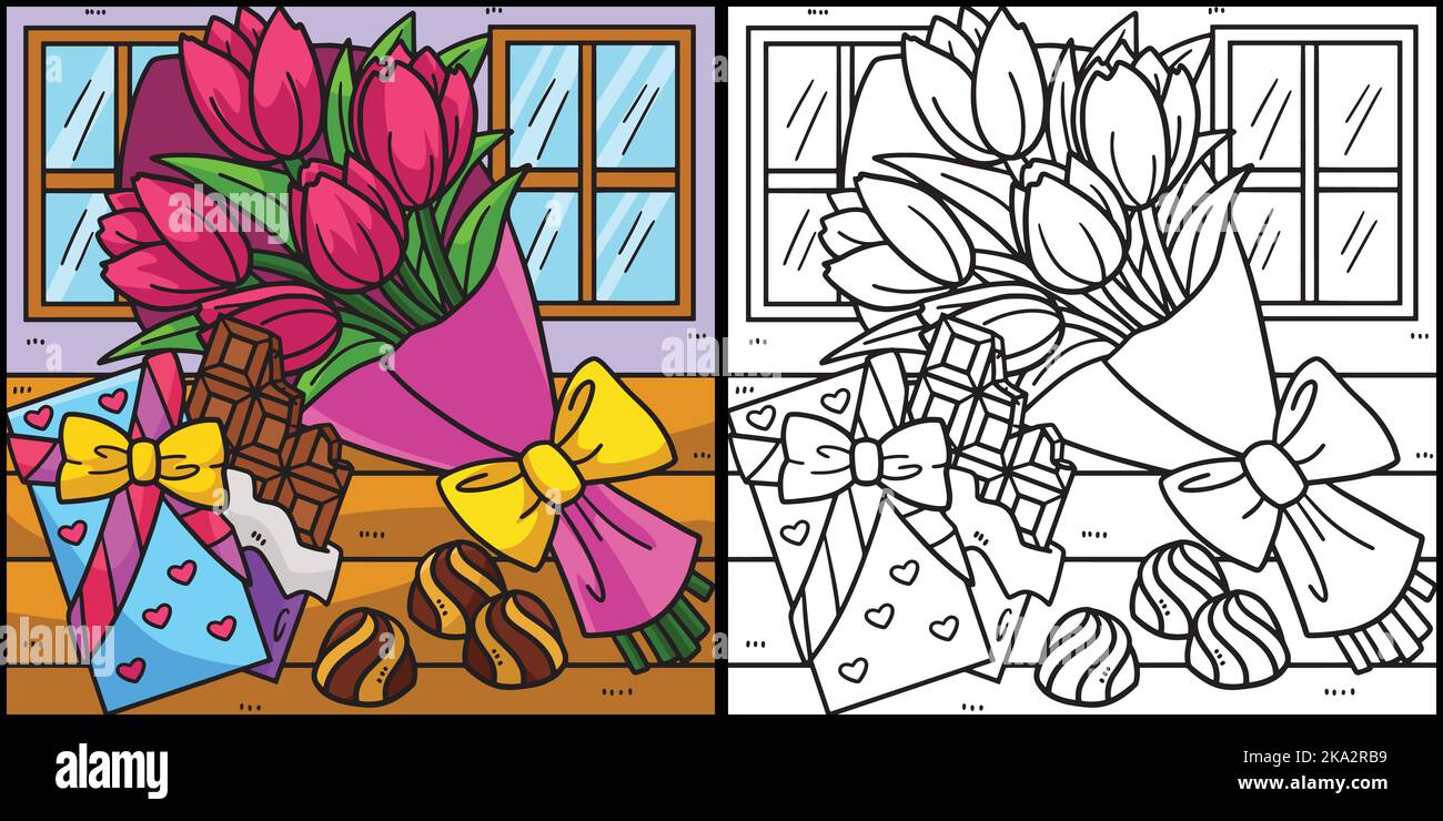 Bouquet di fiori e cioccolatini colorazione pagina Illustrazione Vettoriale