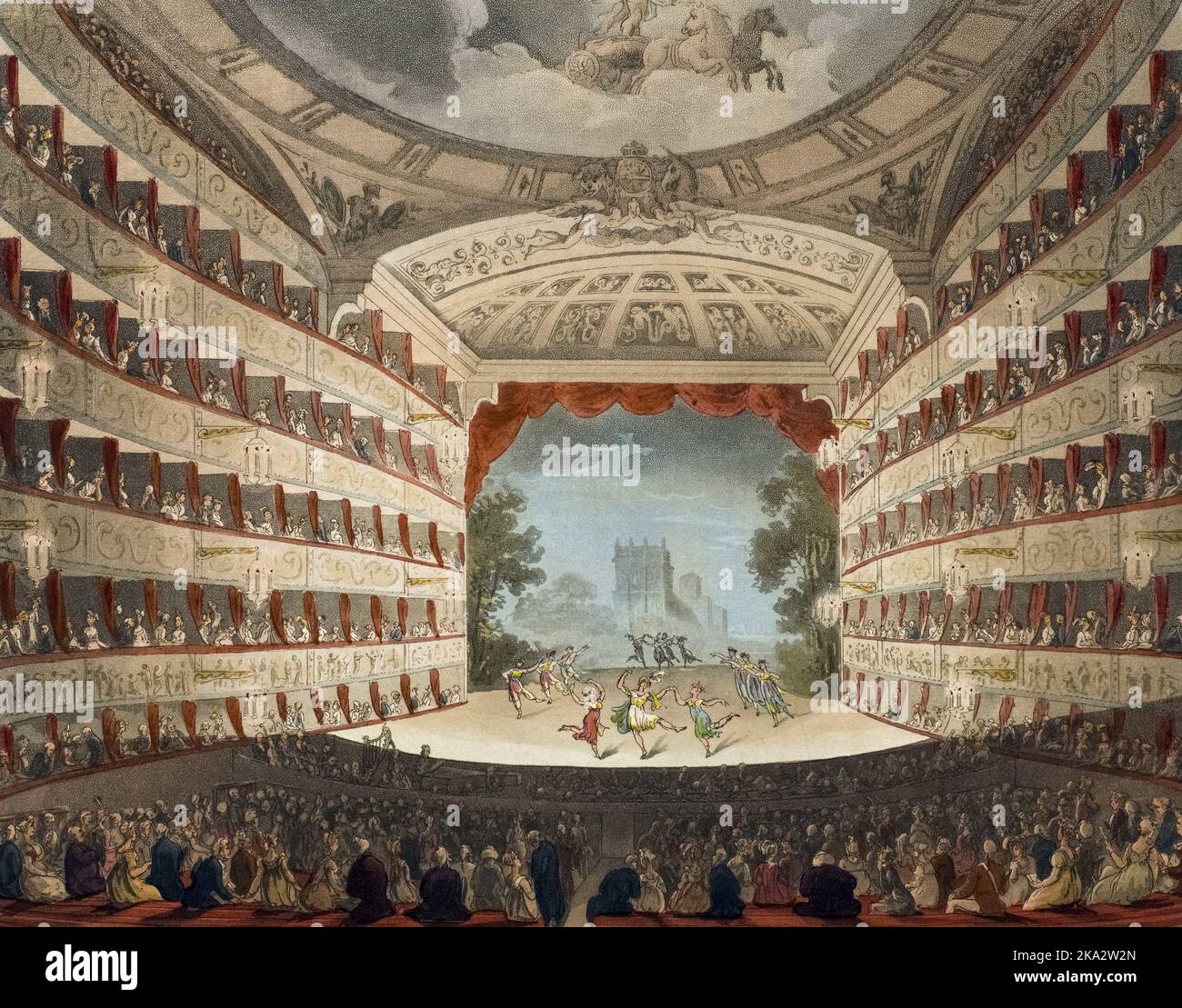 Teatro dell'Opera. Circa 1808. Dopo un lavoro di August Pugin e Thomas Rowlandson nel microcosmo di Londra, pubblicato in tre volumi tra il 1808 e il 1810 da Rudolph Ackermann. Pugin era l'artista responsabile degli elementi architettonici nelle immagini del microcosmo; Thomas Rowlandson fu assunto per aggiungere le figure umane vivaci. Foto Stock