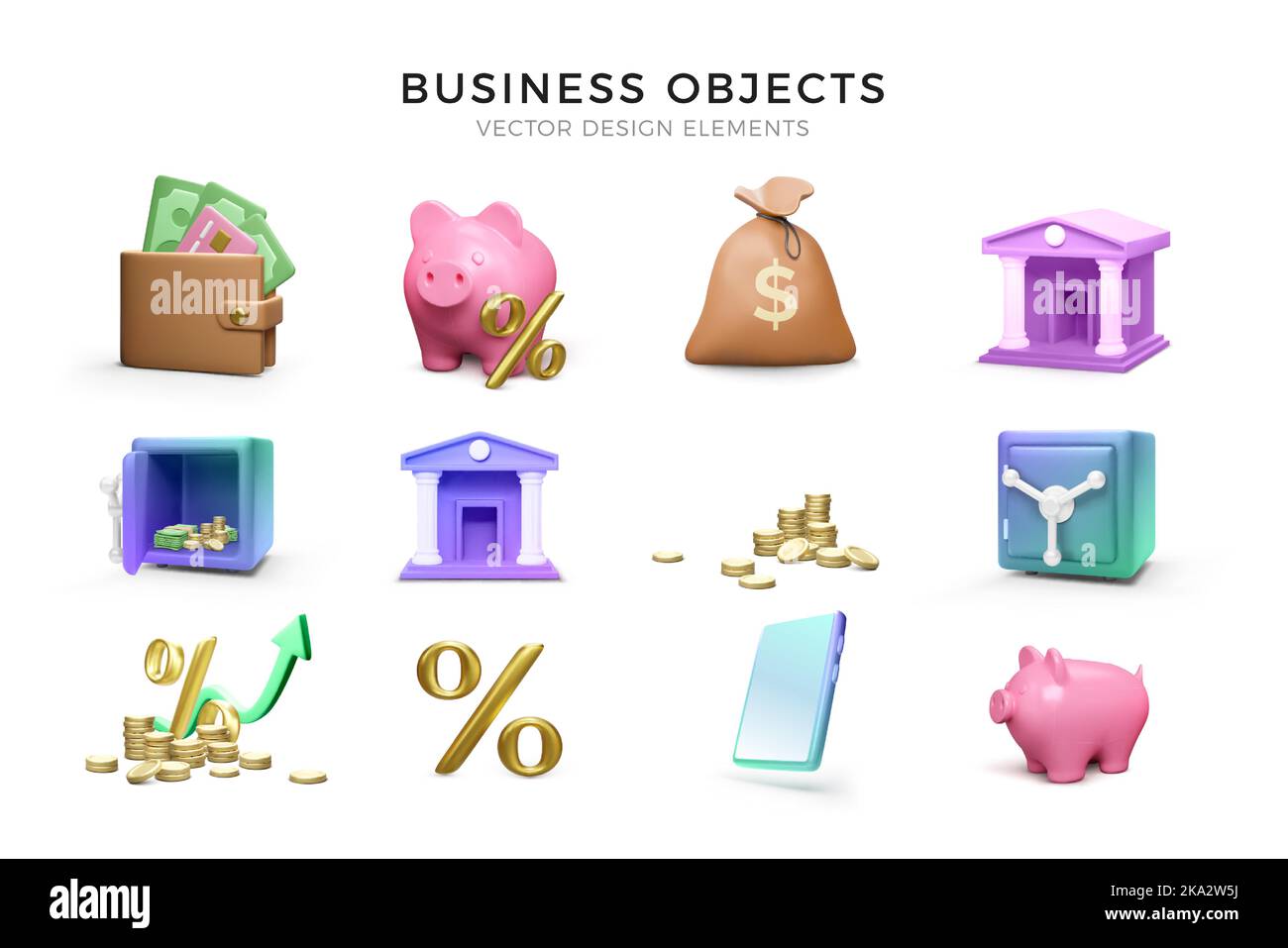 3D set di icone business per il rendering. Portafoglio e piggy bank con percentuale d'oro, pila di monete e scatola forte, borsa di denaro e telefono cellulare. Icona Banca. Vettore il Illustrazione Vettoriale