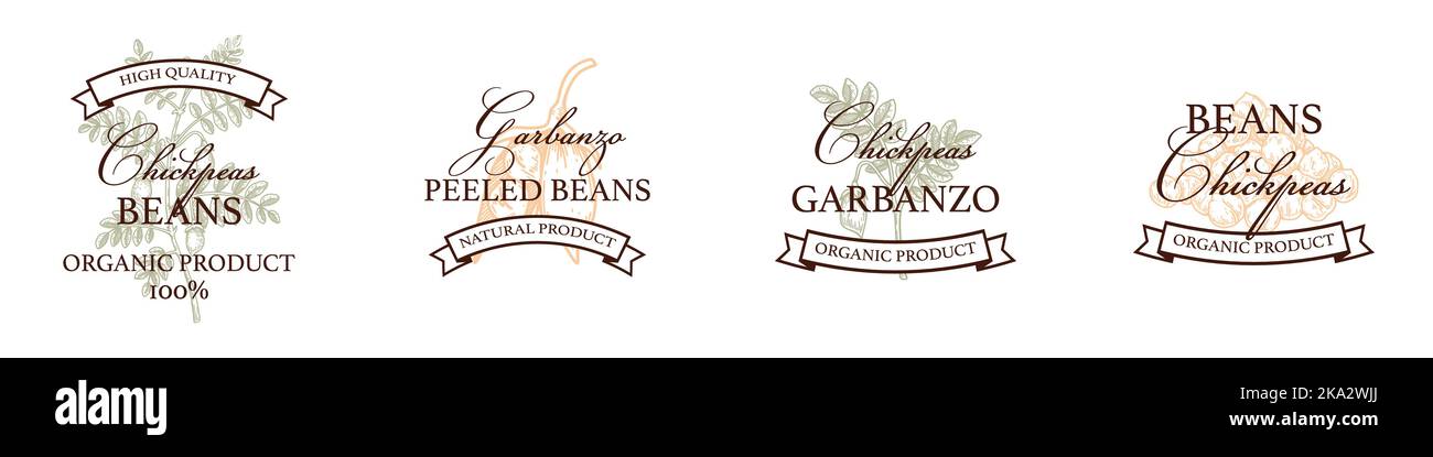 Set di modelli di logo di ceci vintage disegnati a mano. Illustrazione vettoriale nello stile di schizzo. Design botanico isolato su bianco Illustrazione Vettoriale