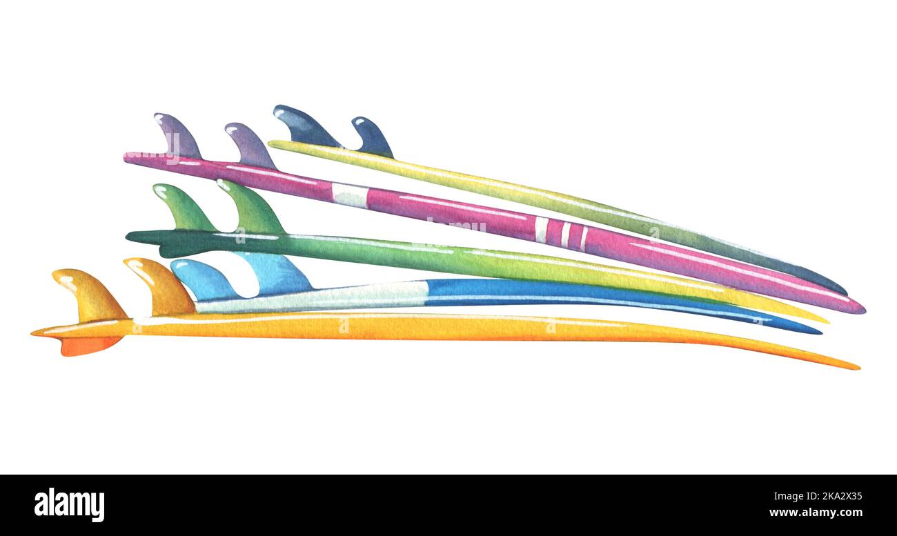 Tavole da surf situate una sopra l'altra vista laterale. Illustrazione acquerello. Un oggetto isolato dalla collezione SURF. Per la decorazione e il design di Foto Stock