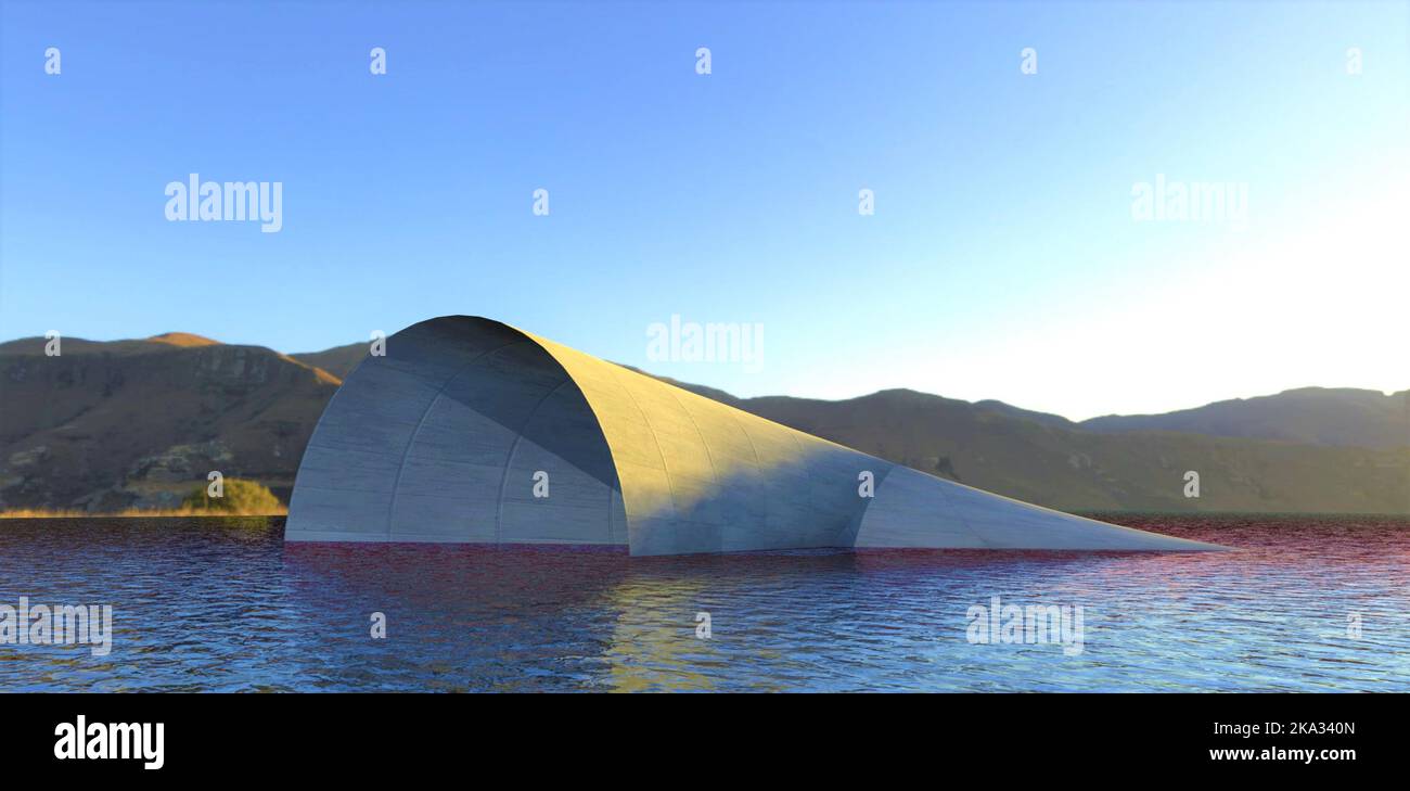 Una struttura in cemento sconosciuta che sporge da un lago di montagna in Tibet. Un'illustrazione adatta per pubblicazioni su UFO o civiltà antiche. Foto Stock
