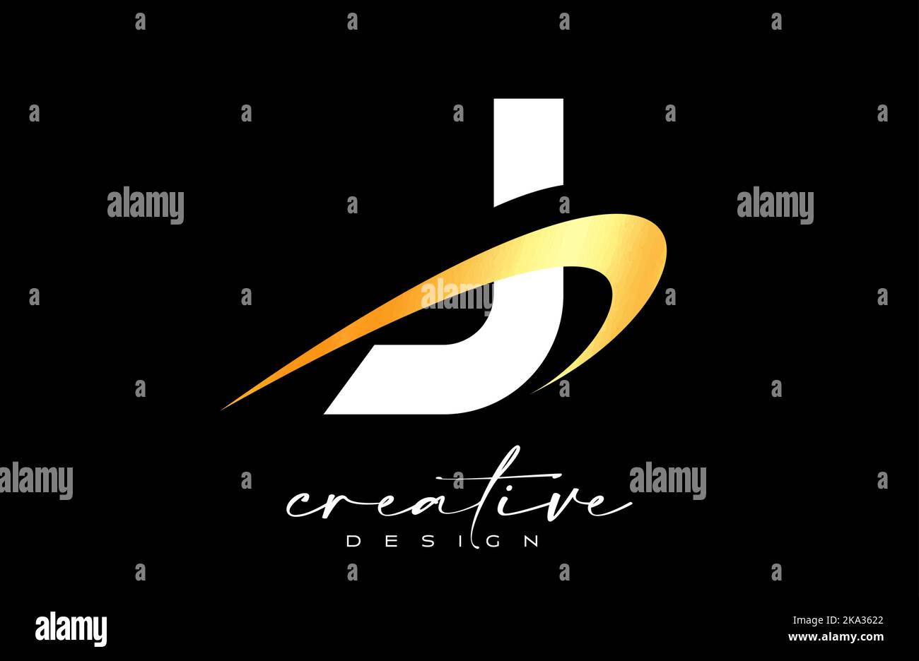 J Letter Logo Design con Creative Golden Swoosh. Icona iniziale lettera j con illustrazione del vettore di forma curva. Illustrazione Vettoriale
