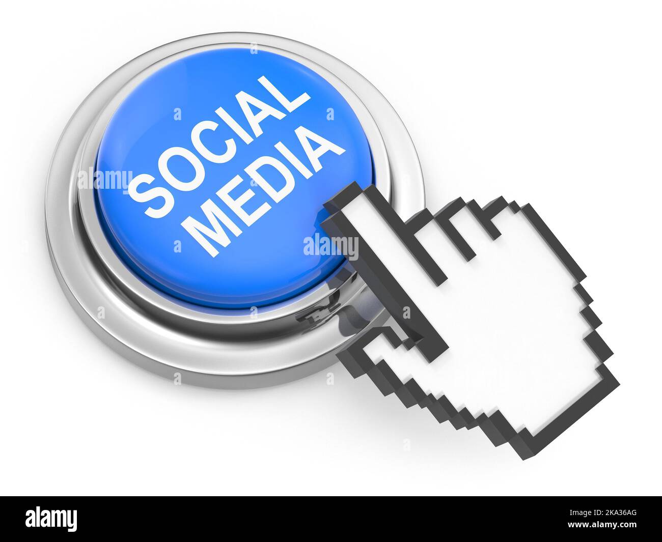 Pulsante Social Media con cursore a mano , immagine generata dal computer con rendering 3D. Isolato su bianco. Foto Stock