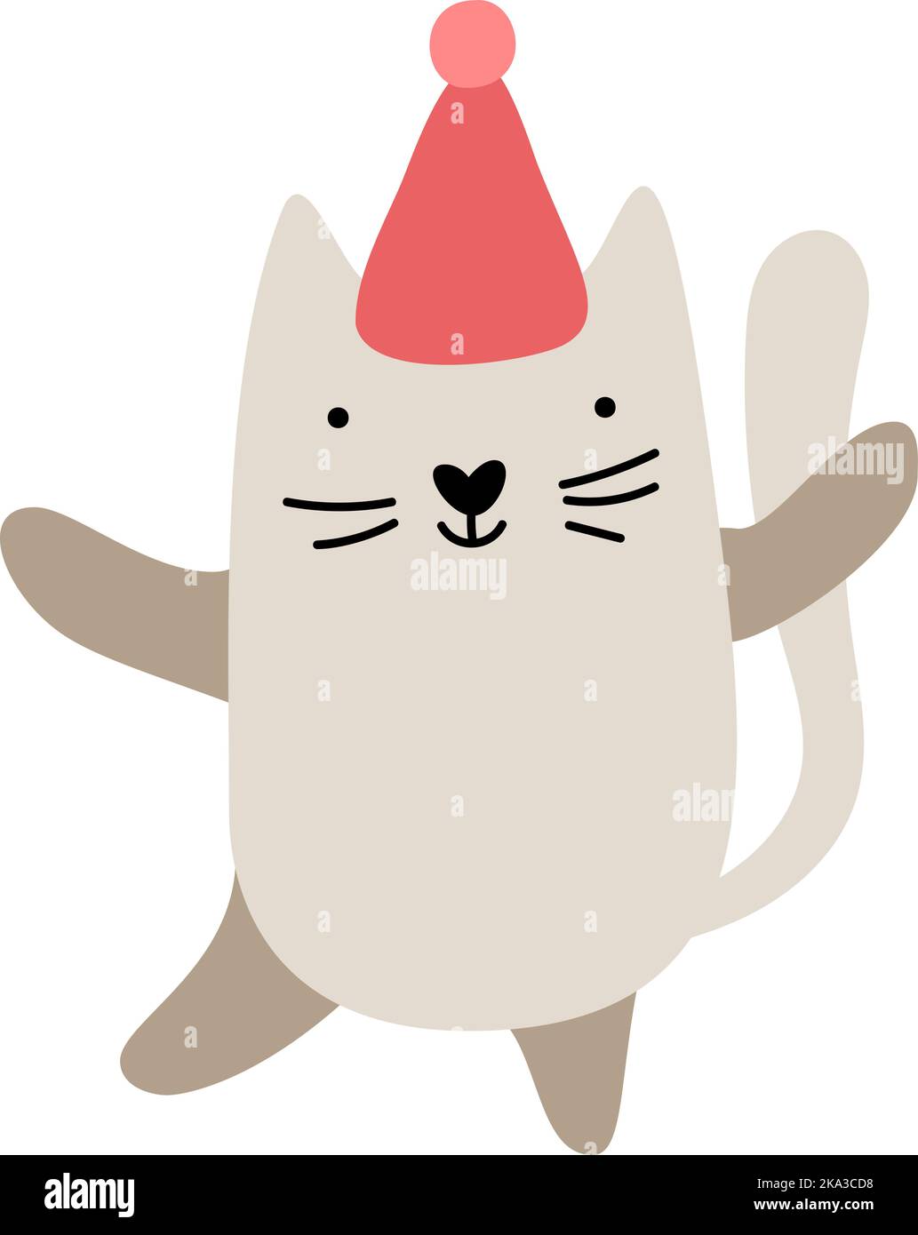 Carino bambino Natale cartone animato vettore inverno gatto in cappello rosso. Doodle in stile scandinavo per il nuovo anno. Risorsa grafica per contenuto grafico, adesivo per banner Illustrazione Vettoriale
