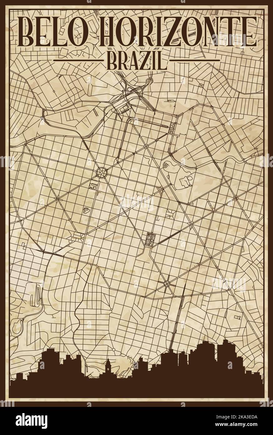 Mappa stampata a mano della rete di strade del centro di BELO HORIZONTE, BRASILE Illustrazione Vettoriale