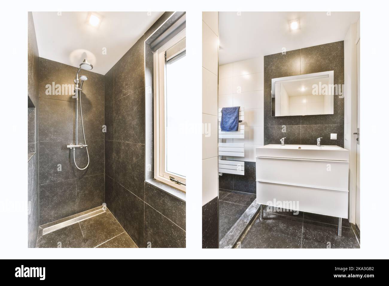 Doccia vicino a specchio armadio sospeso su lavabo in ceramica con rubinetto cromato in bagno moderno con pareti piastrellate grigie con portasciugamani e pavimento Foto Stock