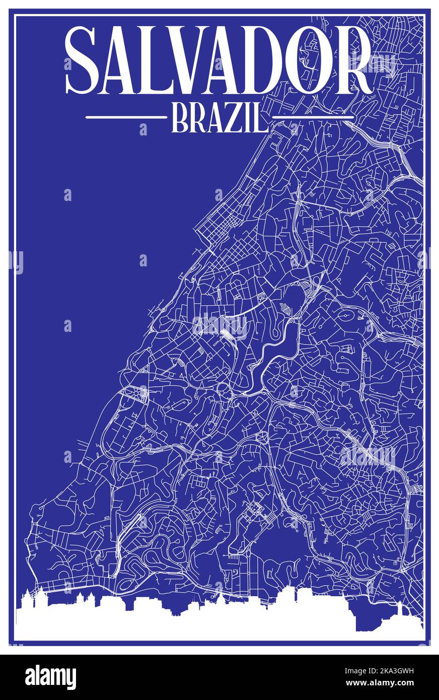 Mappa stampata della rete di strade del centro disegnata a mano di SALVADOR, BRASILE Illustrazione Vettoriale