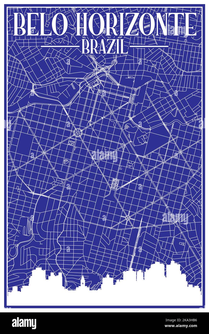 Mappa stampata a mano della rete di strade del centro di BELO HORIZONTE, BRASILE Illustrazione Vettoriale