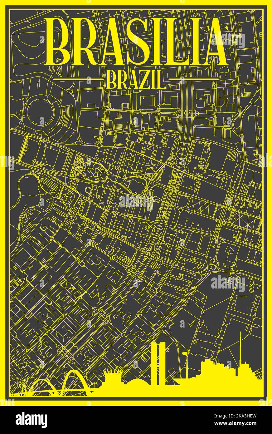 Mappa stampata a mano della rete di strade del centro di BRASILIA, BRASILE Illustrazione Vettoriale