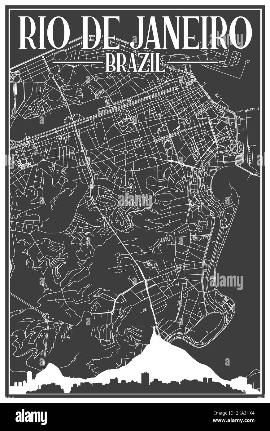 Mappa stampata a mano della rete di strade del centro di RIO DE JANEIRO, BRASILE Illustrazione Vettoriale