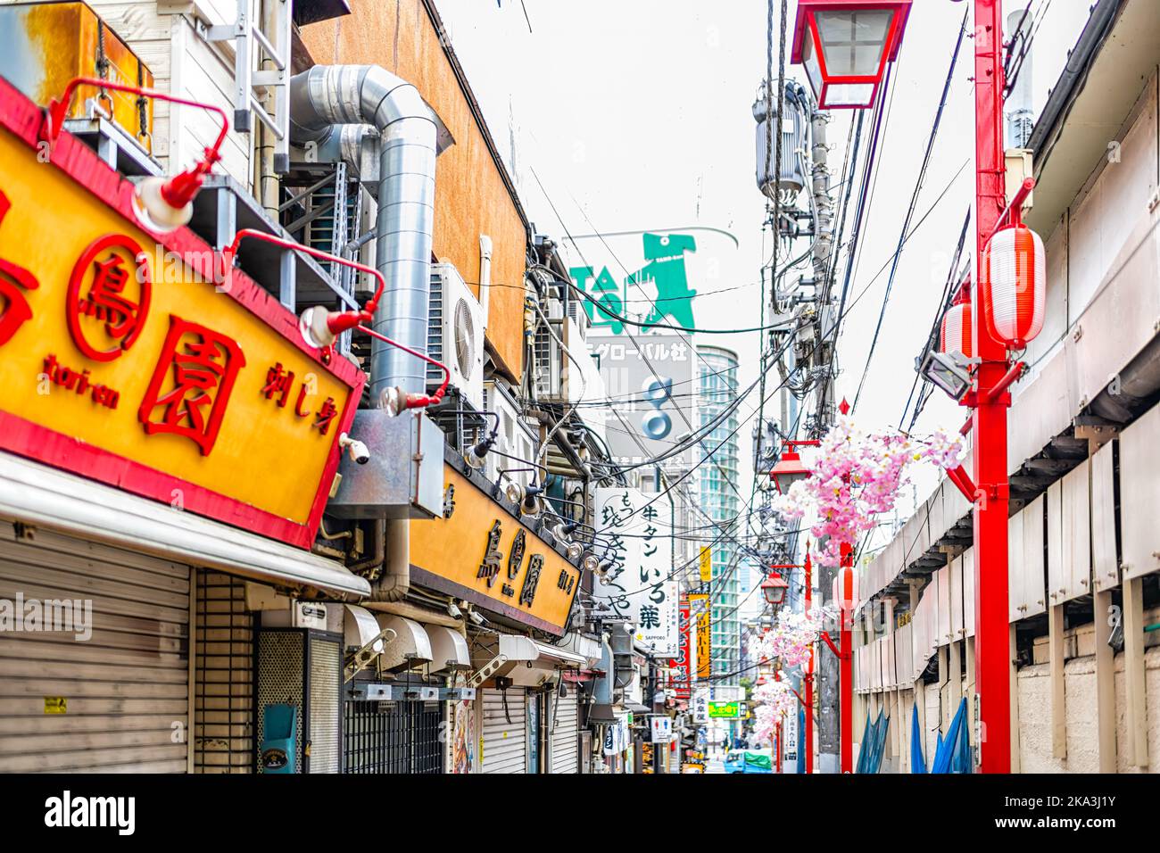 Shinjuku, Giappone - 28 marzo 2019: Corsia della memoria vicolo omoide yokocho con lantere di carta appese e decorazioni di fiori sakura in fiore di ciliegio di izakaya Foto Stock