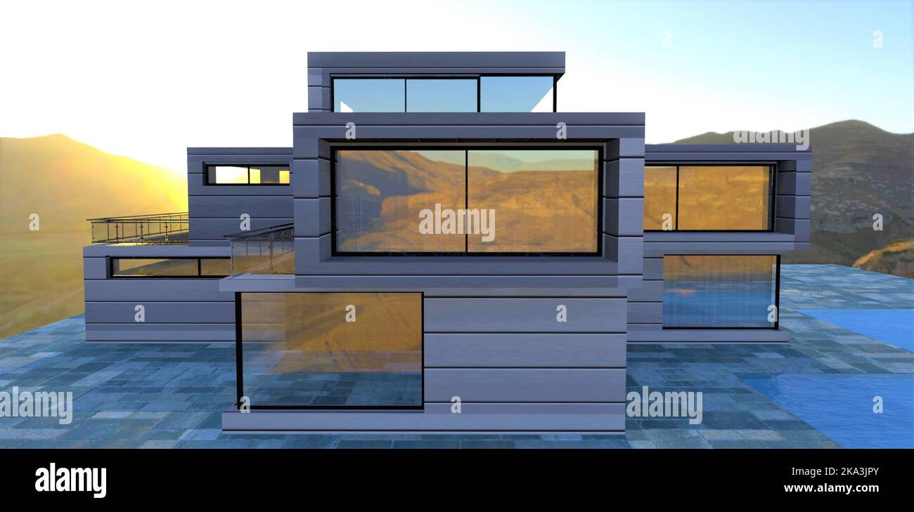 Il concetto di un design futuristico di una casa di campagna avanzata con grandi finestre panoramiche. Finiture sofisticate con un versatile composito in alluminio Foto Stock