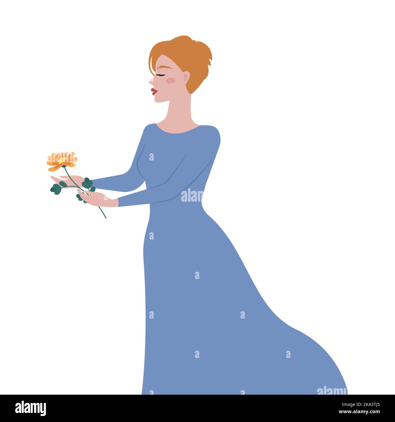 Donna in un vestito lungo con un fiore nelle sue mani. Illustrazione vettoriale Illustrazione Vettoriale