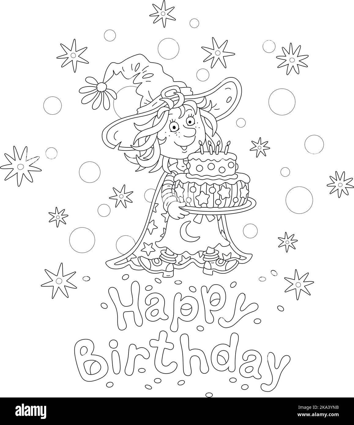 Buon compleanno con una divertente piccola strega che tiene una torta dolce fantasia decorata con candele brucianti Illustrazione Vettoriale