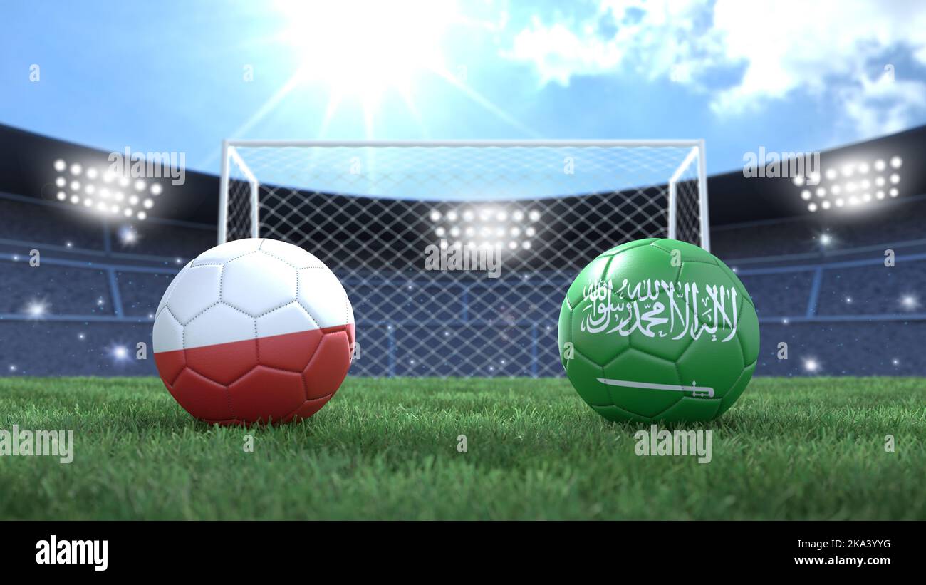 Due palline da calcio con bandiere colorate sullo sfondo luminoso sfocato dello stadio. Polonia e Arabia Saudita. immagine 3d Foto Stock