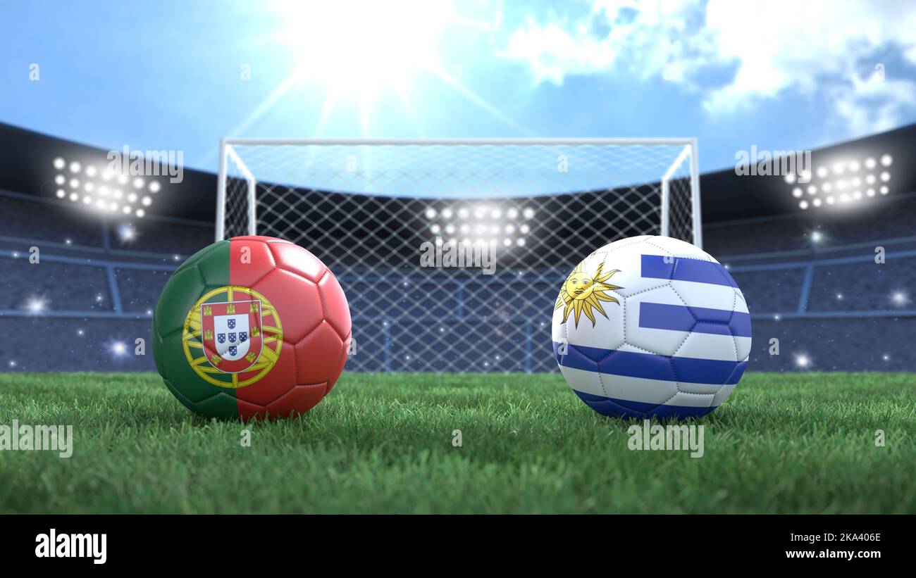 Due palline da calcio con bandiere colorate sullo sfondo luminoso sfocato dello stadio. Portogallo e Uruguay. immagine 3d Foto Stock