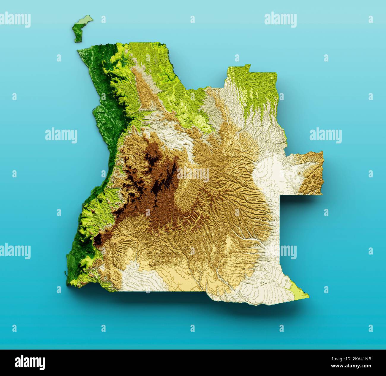 Un'illustrazione 3D della mappa dell'Angola ombreggiata con rilievo colorato su sfondo blu Foto Stock