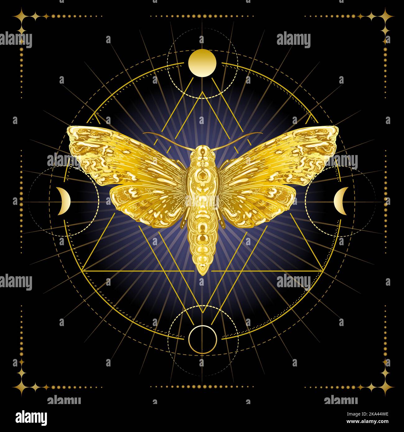 La Moth d'oro simbolo della saggezza interiore e delle fasi lunari. Geometria Sacra Illustrazione esoterica su sfondo nero. Illustrazione Vettoriale