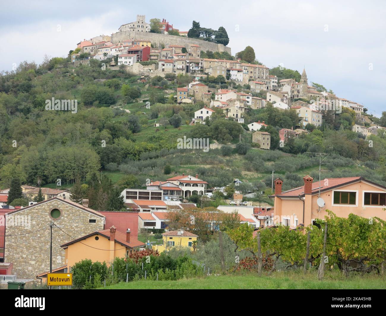 Turismo croato: Vista della città collinare di Motovun, un insediamento medievale arroccato sulla cima di una collina nell'Istria centrale, Croazia. Foto Stock