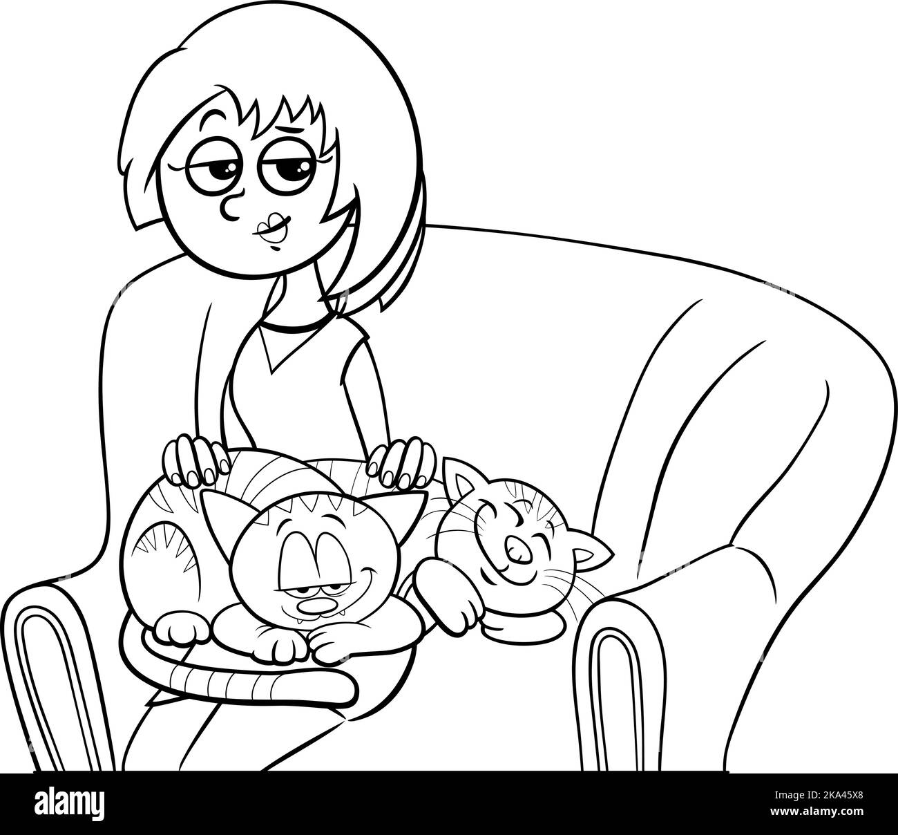 Cartoni animati in bianco e nero raffigurazione della donna con i suoi gatti sulla pagina da colorare della poltrona Illustrazione Vettoriale