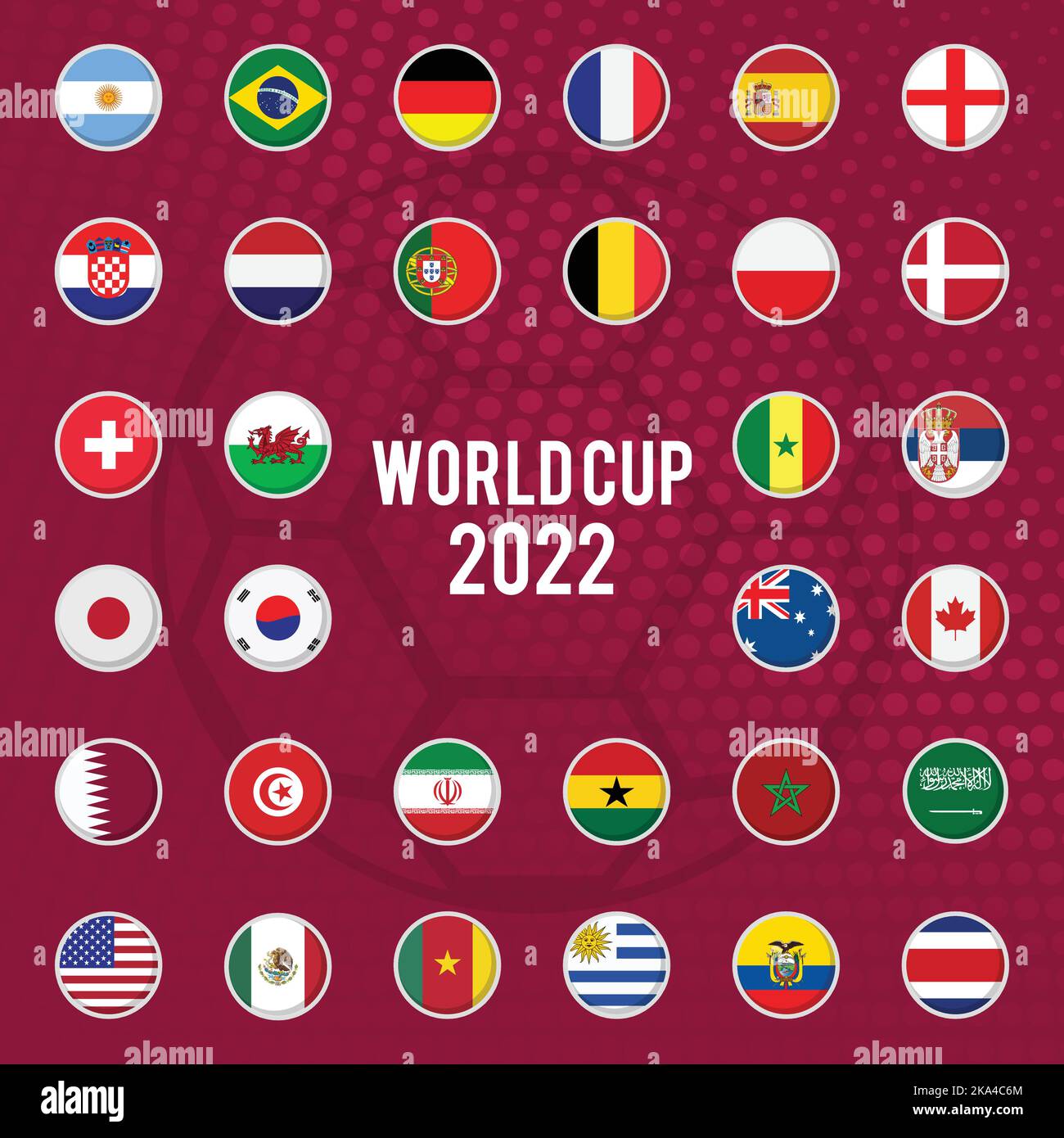 Bandiere rotonde della Coppa del mondo del Qatar 2022 Paesi partecipanti di per gruppi e cestini Illustrazione Vettoriale