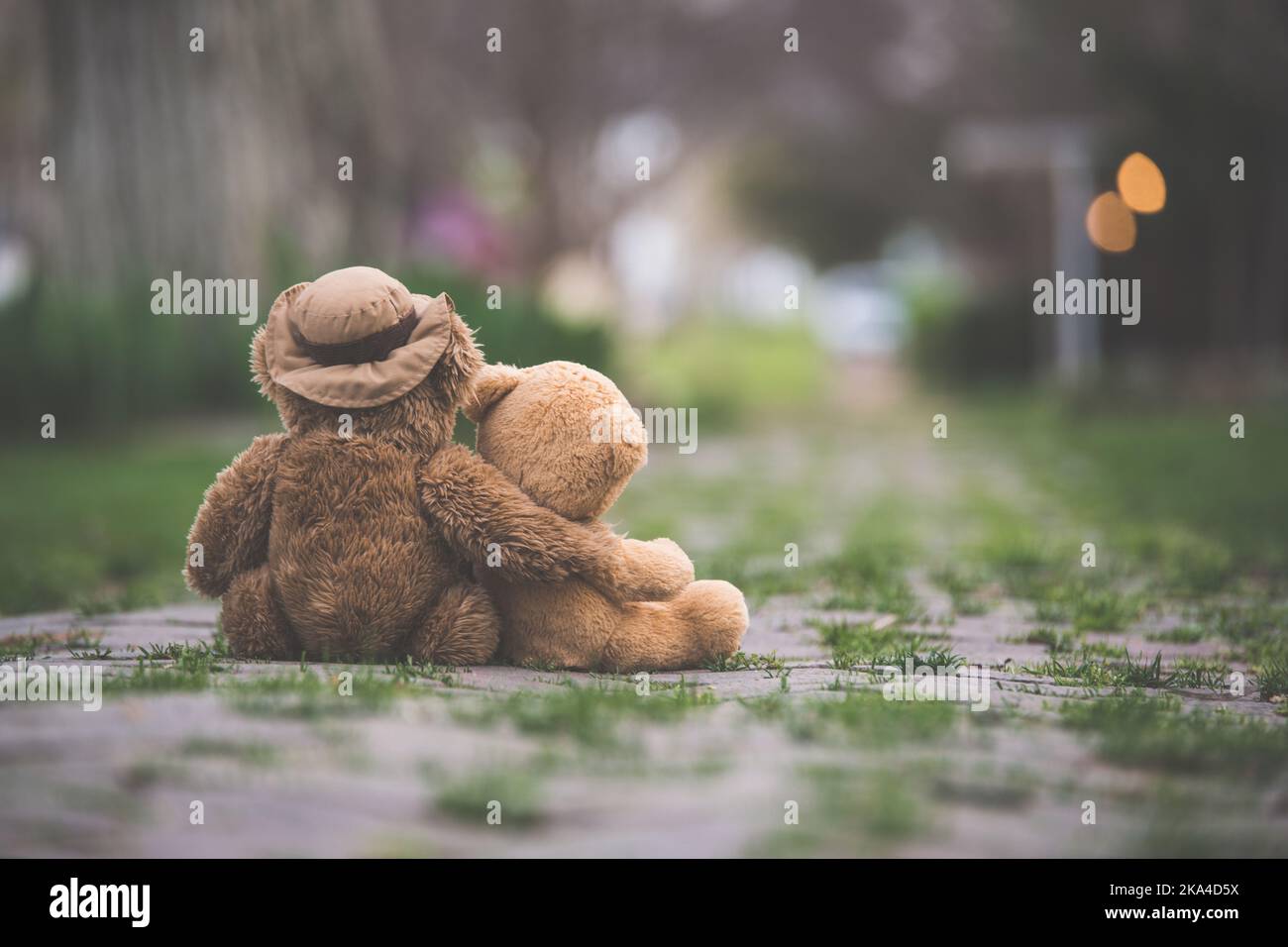 I migliori giocattoli dell'orso del teddy degli amici che si siedono su una passeggiata laterale del mattone. Concetto di amore, famiglia e amicizia Foto Stock