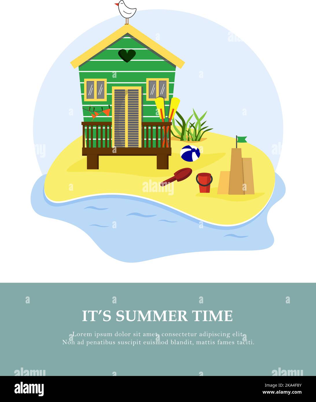 Cartolina sulla spiaggia - bungalow fronte oceano, castelli di sabbia. Disegno vettoriale. Caratteristiche per il tempo libero e il viaggio. Per l'uso in arredamento, cartoline, volantini e broc Illustrazione Vettoriale