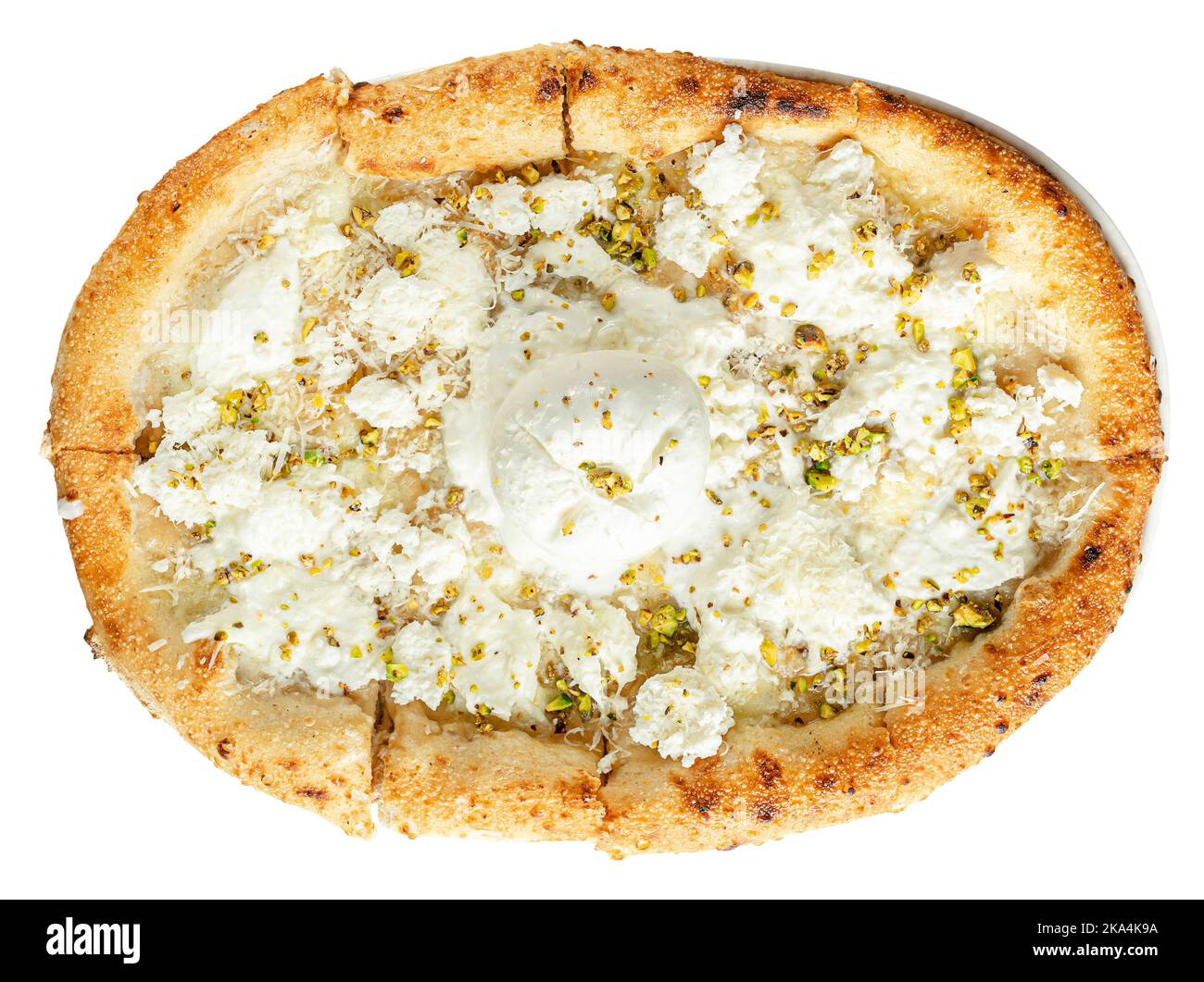 Cheesy pizza di sei tipi di formaggio e pistacchi. Cucina italiana. Foto Stock