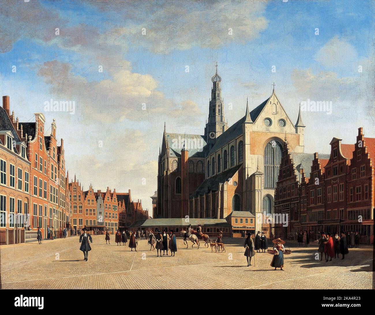 Il grande mercato di Haarlem, il grande mercato di Haarlem con la Chiesa di San Bavo, 1696, Pittura di Gerrit Berckheyde. Foto Stock