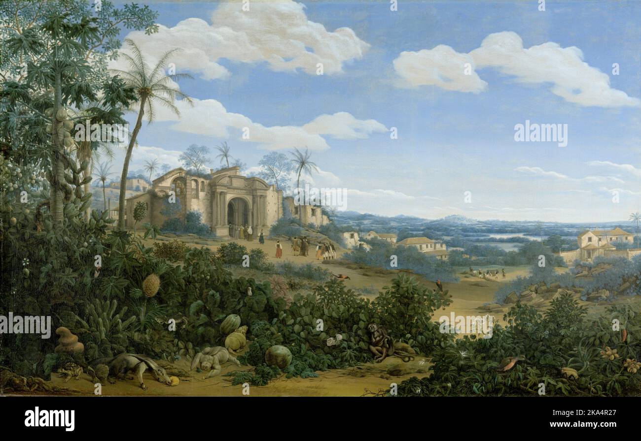 Vista di Olinda, Brasile, paesaggio, scena in Brasile olandese; dipinto nel 1662, alcuni anni dopo la perdita della colonia. Dipinto di Frans Jansz Post Foto Stock