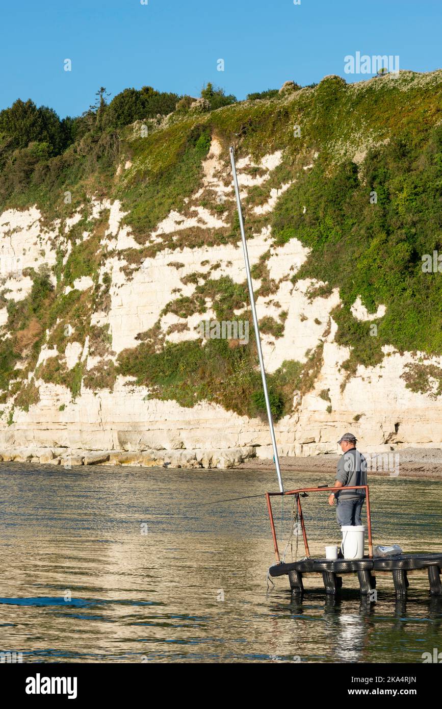 Beer Beach Devon. Pesca dal Jetty Foto Stock