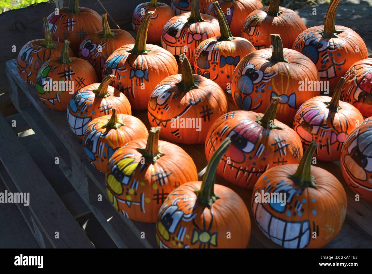 Wawrzenczyce, Polonia - 10 settembre 2021: Zucche dipinte decorate di Halloween con una collezione di volti presso il negozio di fattoria. Foto Stock