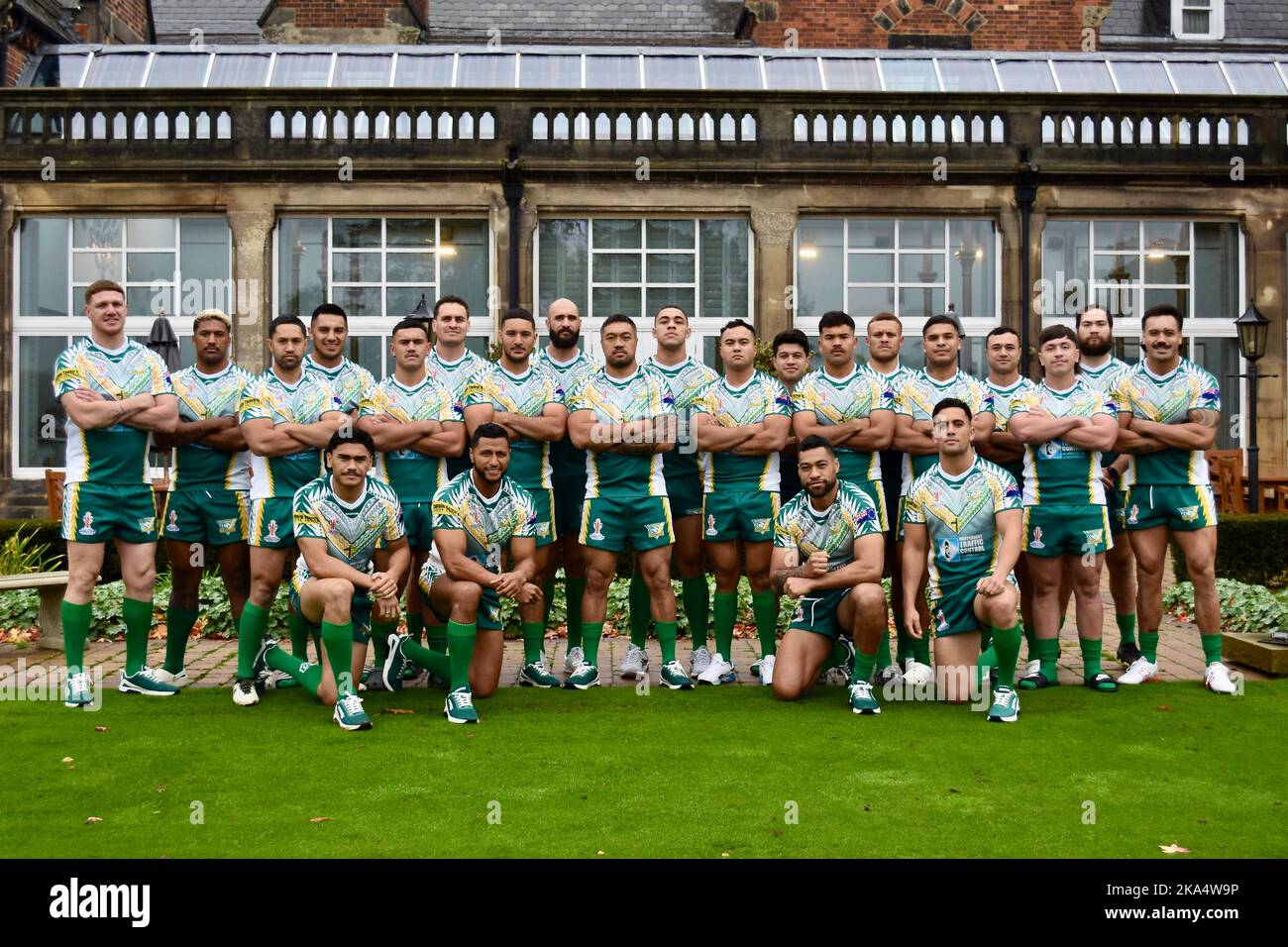 Squadra di Coppa del mondo di rugby Cook Islands 2021. Foto al loro campo base a Rockliffe Hall, Darlington, Regno Unito. Foto Stock