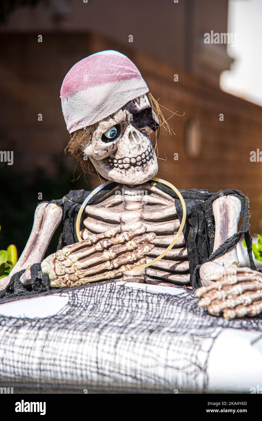 Uno spaventoso scheletro pirata decorazione Halloween. Foto Stock