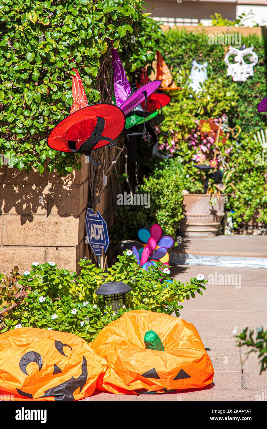Decorazioni di Halloween nel cortile anteriore di una casa tra cui una strega e diverse zucche e jack o' lanterne. Foto Stock