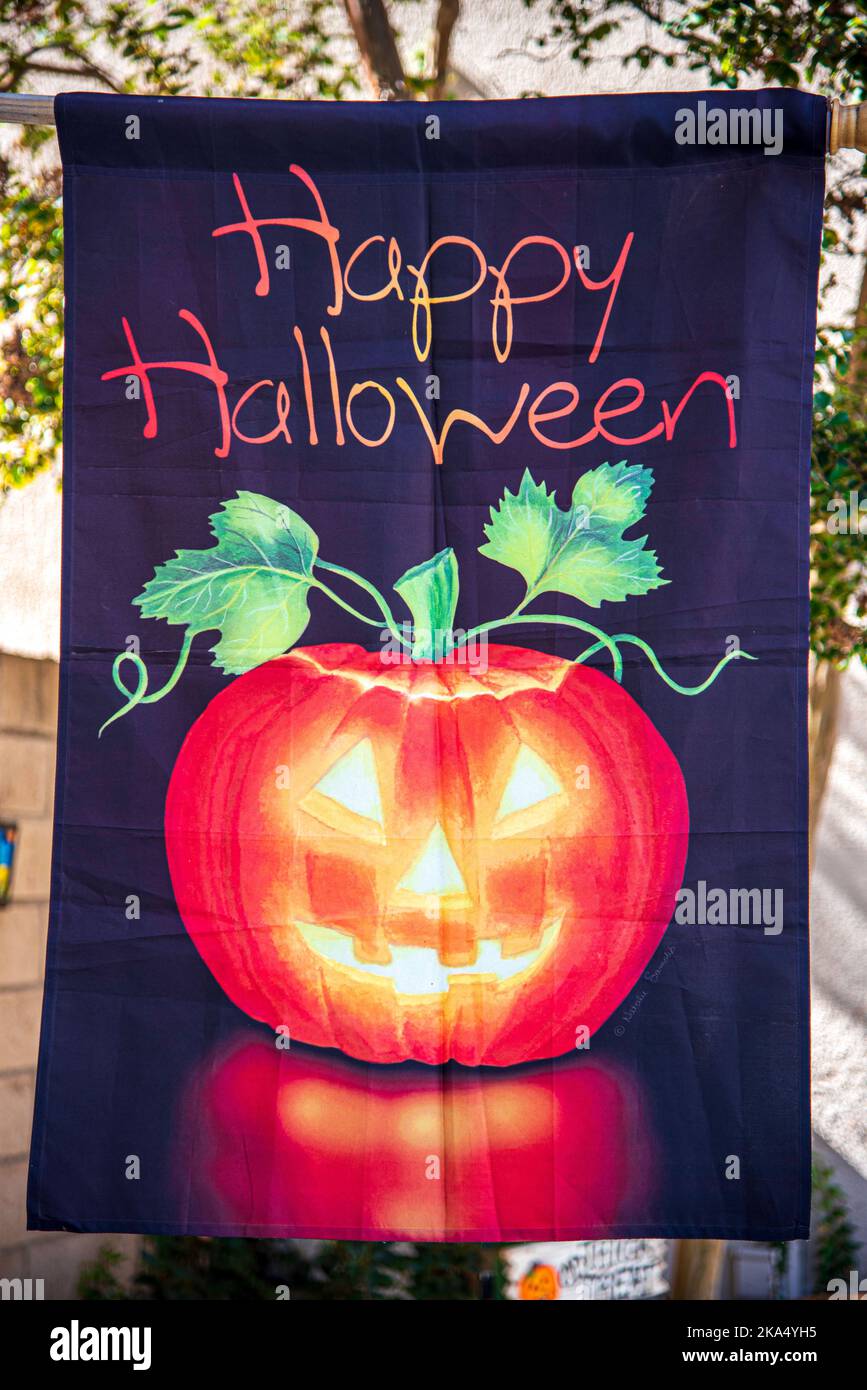 Una bandiera appesa fra due stati dell'albero, decorazioni felici di Halloween di Halloween Foto Stock