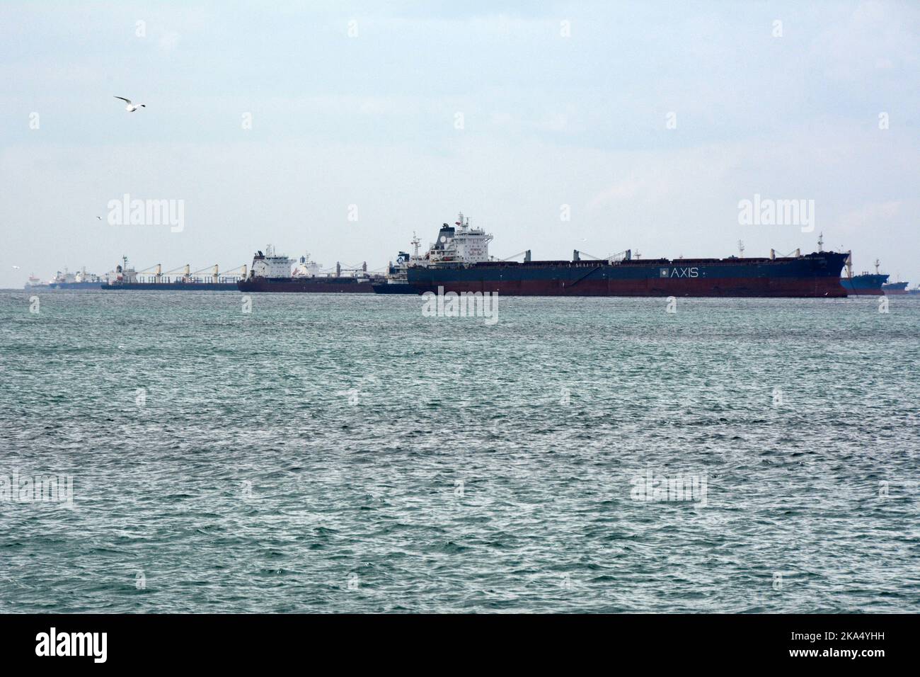 Navi mercantili di grano destinate all'Ucraina e alla Russia attendono l'ingresso nel Mare di Marmara, all'estremità meridionale dello stretto del Bosforo, in Turchia. Foto Stock