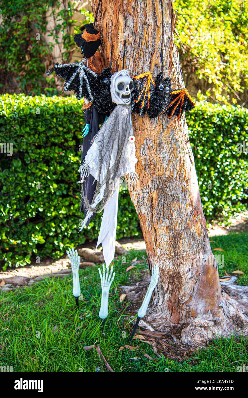 Alcune decorazioni di Halloween bizzarre di fronte a una casa. Una miscela frankenstein di cranio, pipistrello e fantasma. Foto Stock