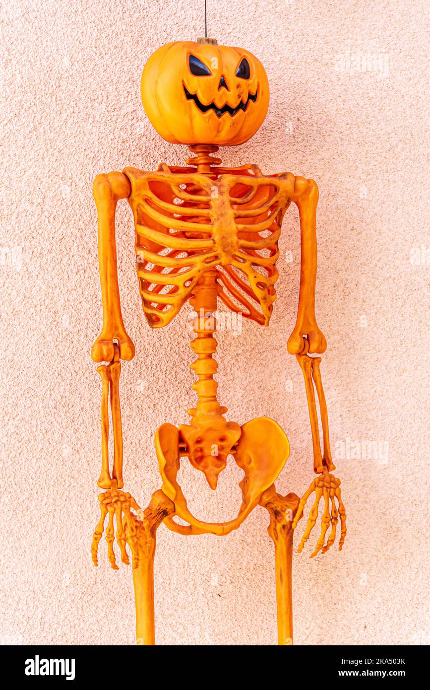 Uno scheletro con una testina di zucca decorazione di Halloween. Foto Stock