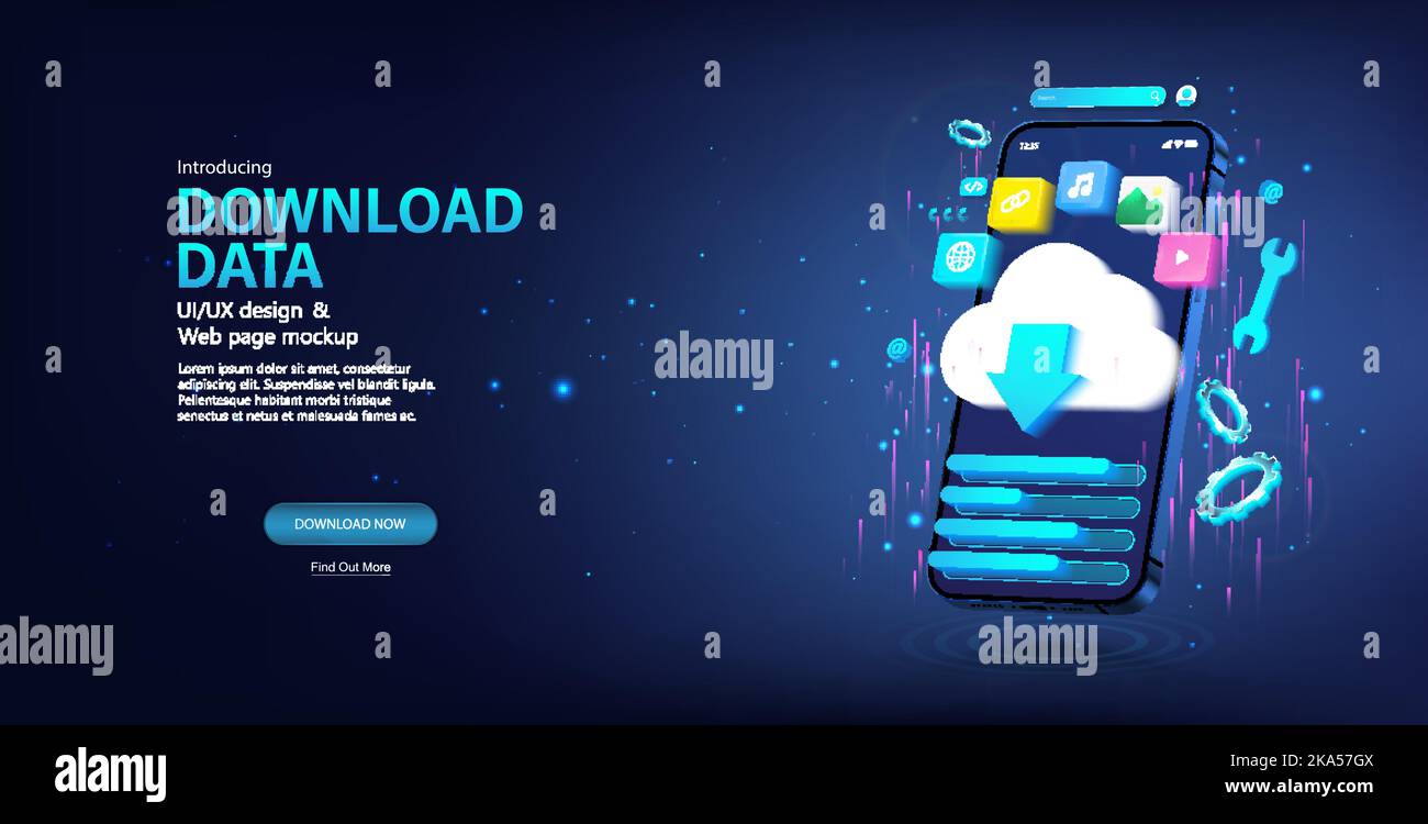 Download di dati tramite telefono da un servizio cloud Illustrazione Vettoriale