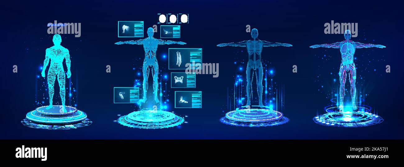 Ologramma del corpo umano 3D sanitario con scansione completa del corpo Illustrazione Vettoriale