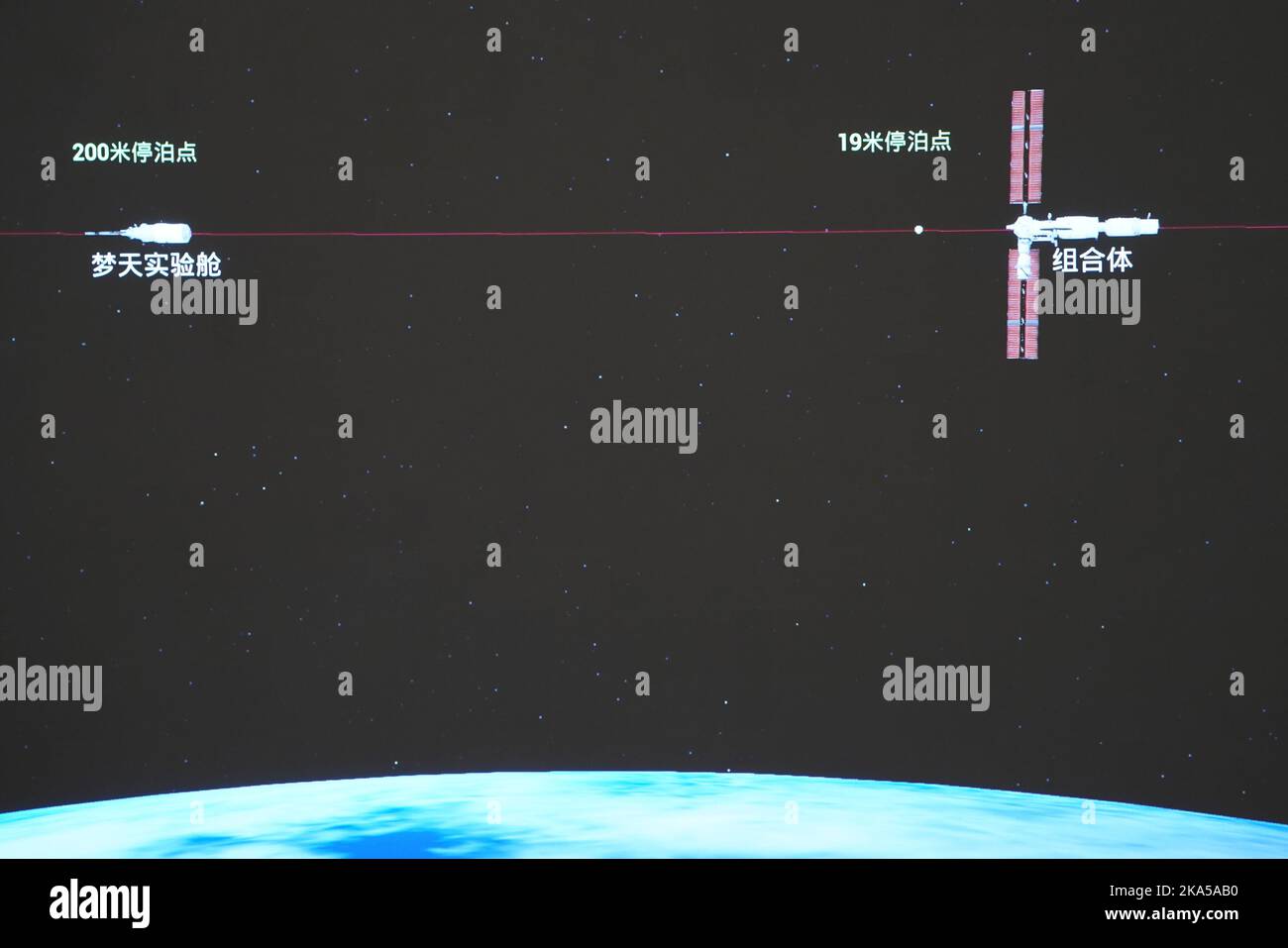 Pechino, Cina. 1st Nov 2022. Questa immagine simulata catturata presso il Beijing Aerospace Control Center il 1 novembre 2022 mostra il modulo Mengtian LAB che esegue il rendezvous e l'aggancio con la porta anteriore del modulo principale di Tianhe. Il modulo di laboratorio di Mengtian è stato agganciato con successo alla combinazione di stazioni spaziali Tiangong della Cina, secondo l'agenzia spaziale cinese (CMSA). Credit: Sun Fengxiao/Xinhua/Alamy Live News Foto Stock