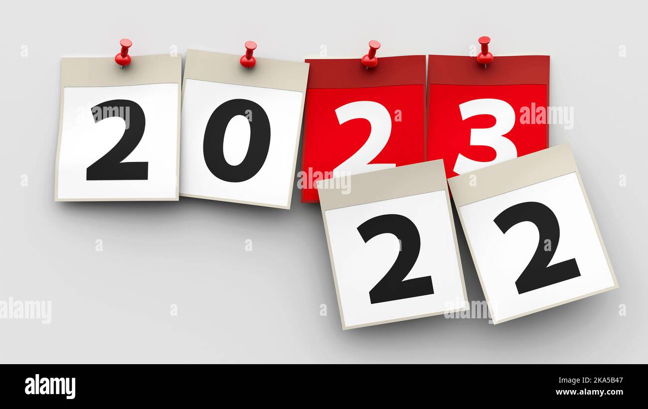 I fogli del calendario con la puntina rossa e i numeri 2023 su sfondo grigio rappresentano l'inizio del nuovo anno 2023, rendering tridimensionale, illustrazione 3D Foto Stock